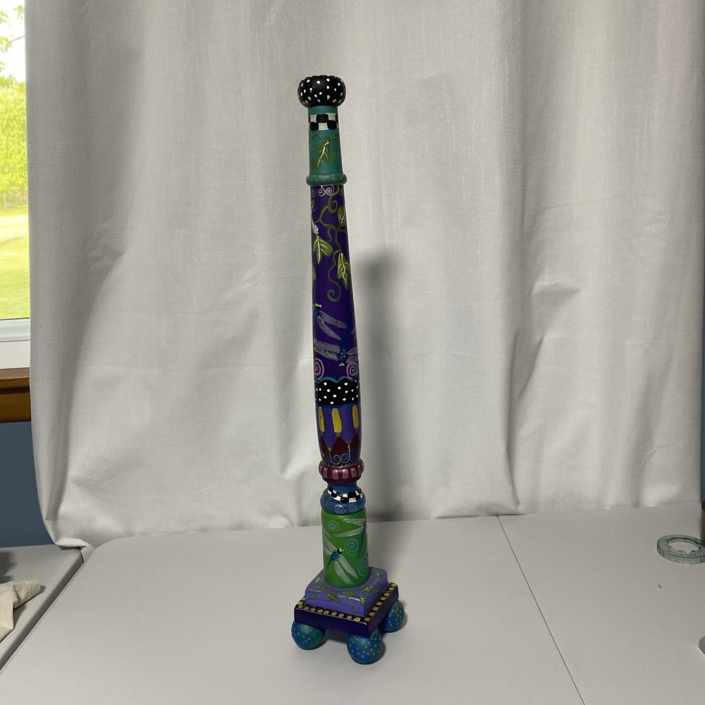 Tall 24in Hand Painted Wooden Candlestick Holder One Of A Kind Dragonfly Wood